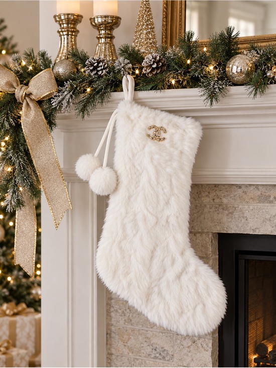 Other - CC White Faux Fur Holiday Stocking - Luxe Mantel Decoration